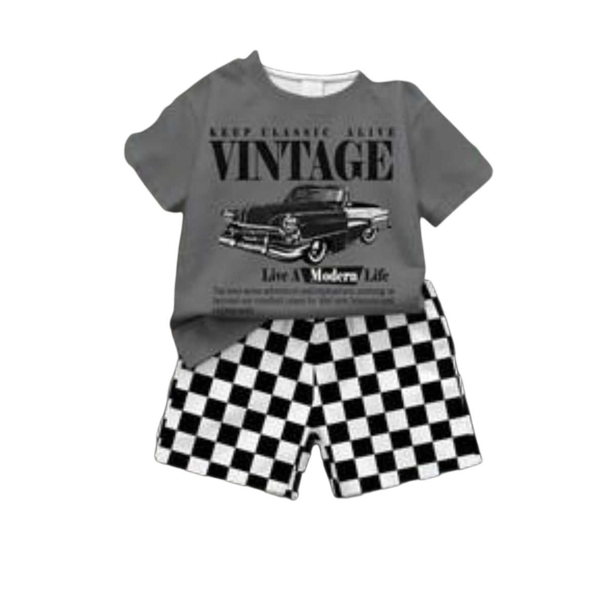 Babylove Nauru baby boy summer casual set with grey vintage racing car graphic t-shirt and black white checkered shorts