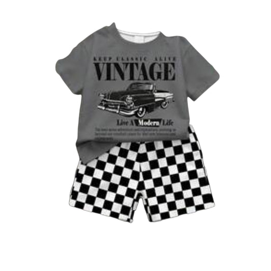 Babylove Nauru baby boy summer casual set with grey vintage racing car graphic t-shirt and black white checkered shorts