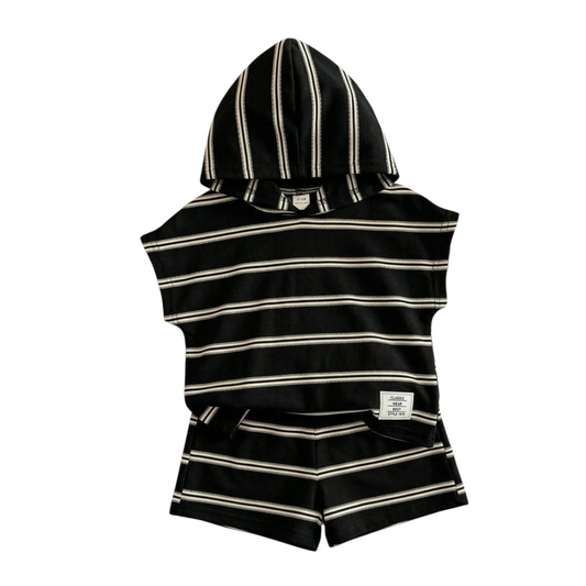 Babylove Nauru baby boy black and white striped hooded batwing t-shirt and shorts set for casual summer wear.