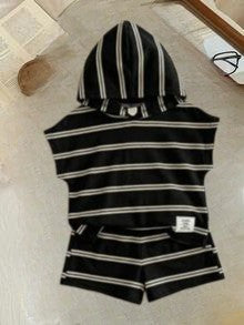 Babylove Nauru baby boy black and white striped batwing sleeve hooded t-shirt and shorts set for summer casual wear