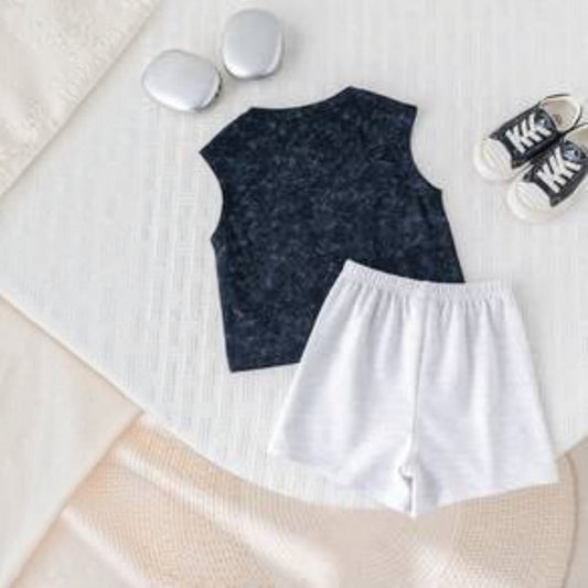 Babylove Nauru toddler boy summer outfit featuring a dark grey acid wash vest top and light grey shorts