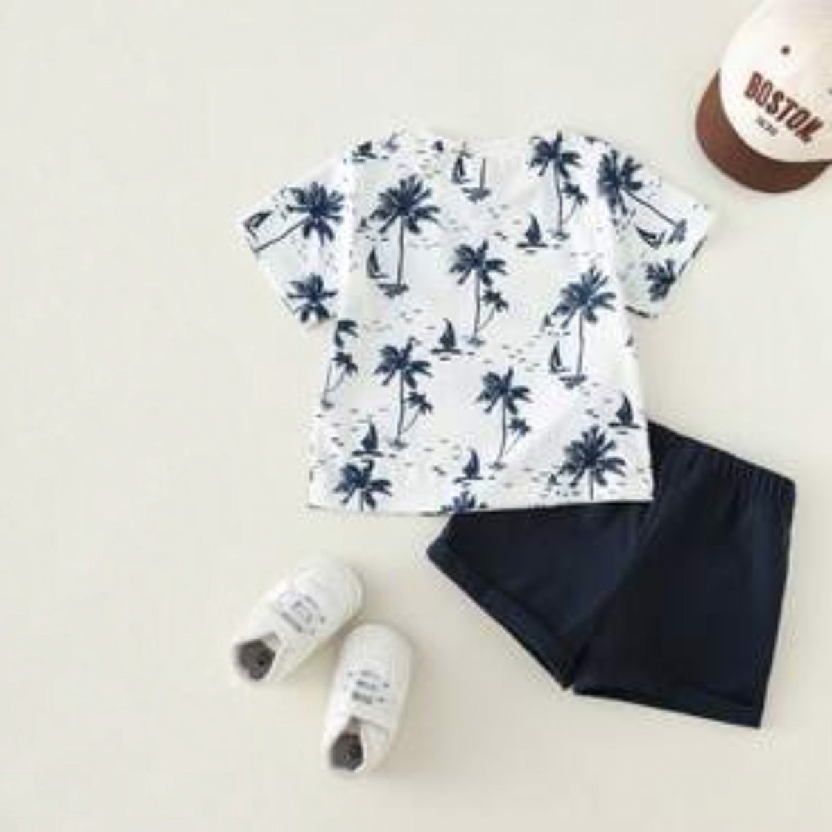 Babylove Nauru baby boy tropical coconut tree print t-shirt and navy shorts set with white sneakers