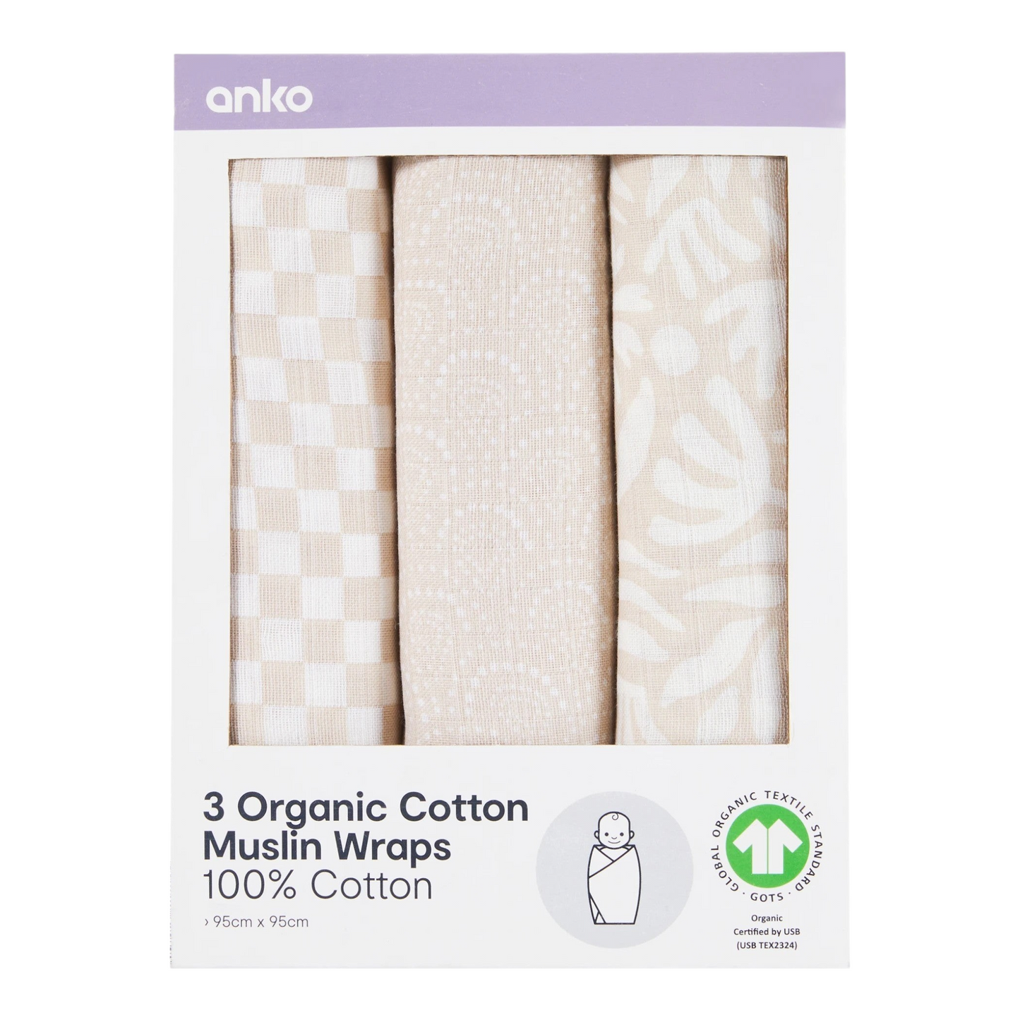 3 Pack Organic Cotton Muslin Wraps - Boho