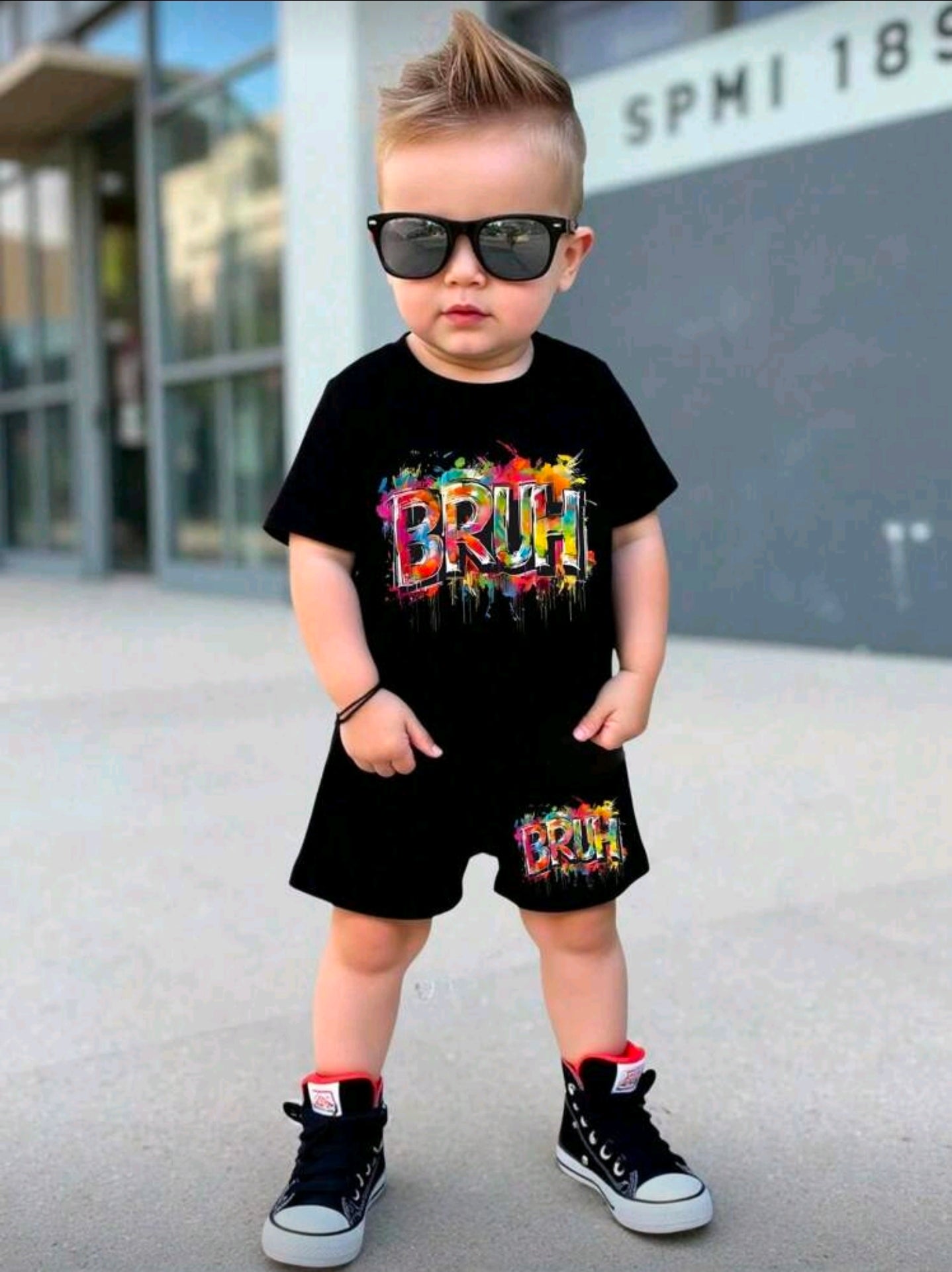 GraphicGems 2pcs Toddler Boys' Casual Creative Colorful Splash Ink Letter Graphic Print Short Sleeve T-Shirt And Shorts Set