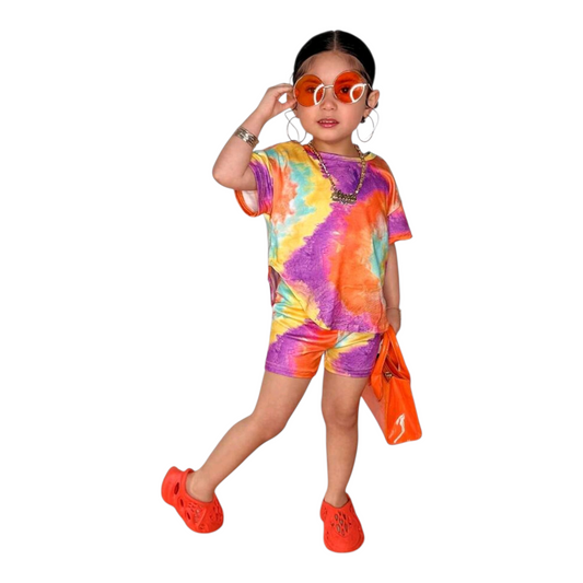 SHEIN Baby Girl Cute And Casual Tie-Dye Short Sleeve Knit Loose T-Shirt With Elastic Waist Shorts Set, Summer -(size 9-12M)
