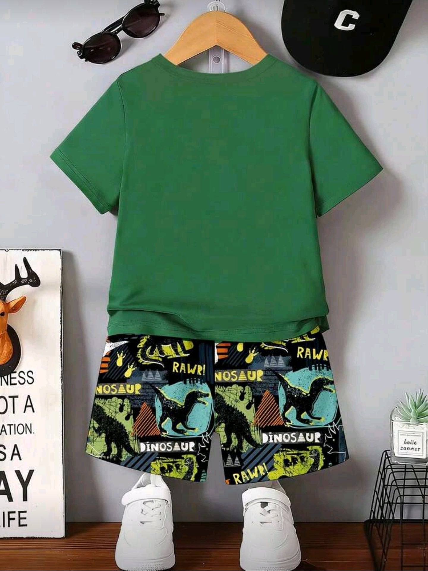 2pcs/Set Toddler Boys' Casual Dinosaur Silhouette, Footprint, Line Design, Letter Graphic Print Short Sleeve T-Shirt And Shorts Set