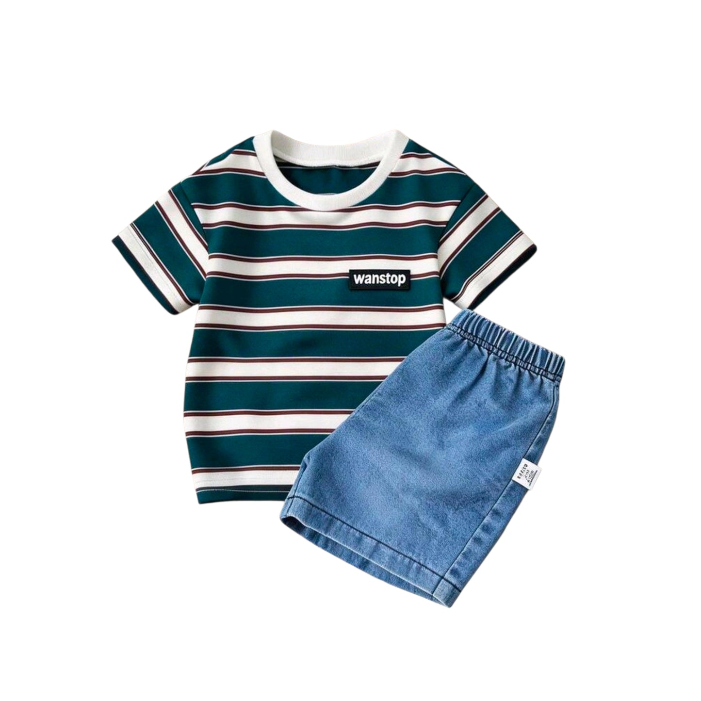 SHEIN Playful Pals 3-Year-Old Baby Boy Blue White Stripe Summer Casual Page Boy Outfit,Includes Cartoon T-Shirt And Light Blue Denim Shorts,Cute Children's Everyday Wear