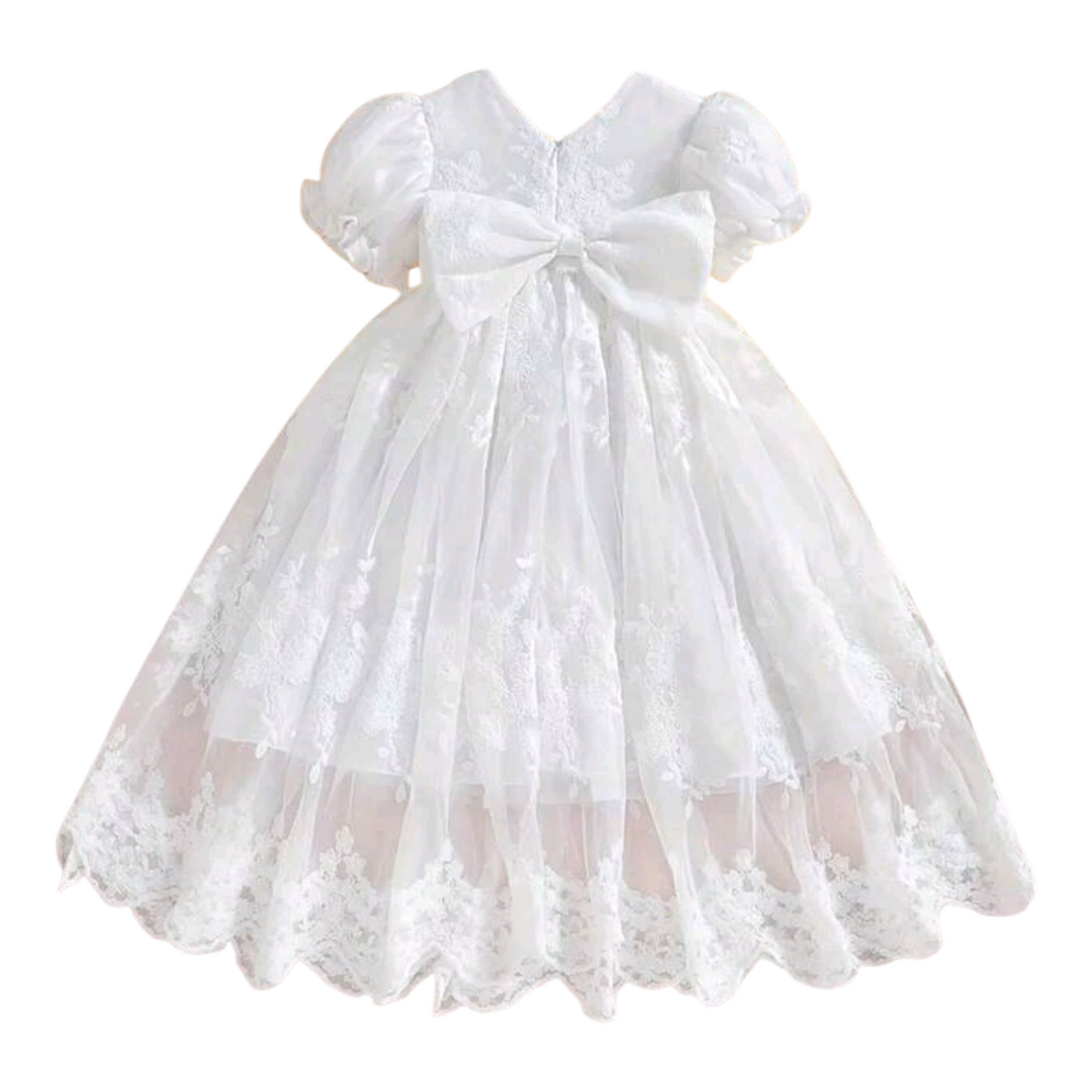 Baby Girl Bow Decor Short Puff Sleeve Party Dress, Holiday Gown, Birthday Christening Robe -(size 6-9M)