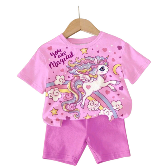 SHEIN Bright Pink, Cute & Sweet Cartoon Rainbow, Heart, Unicorn Print, Baby Girls Casual Loose Round Neck Short Sleeve T-Shirt And Skinny Shorts Set.
