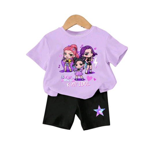1 Set Baby Girl Casual K-POP Cartoon Print Short Sleeve Knit T-Shirt And Matching Shorts Set, Comfortable Knit Set For Daily, Holiday, Leisure, Sports Fashion