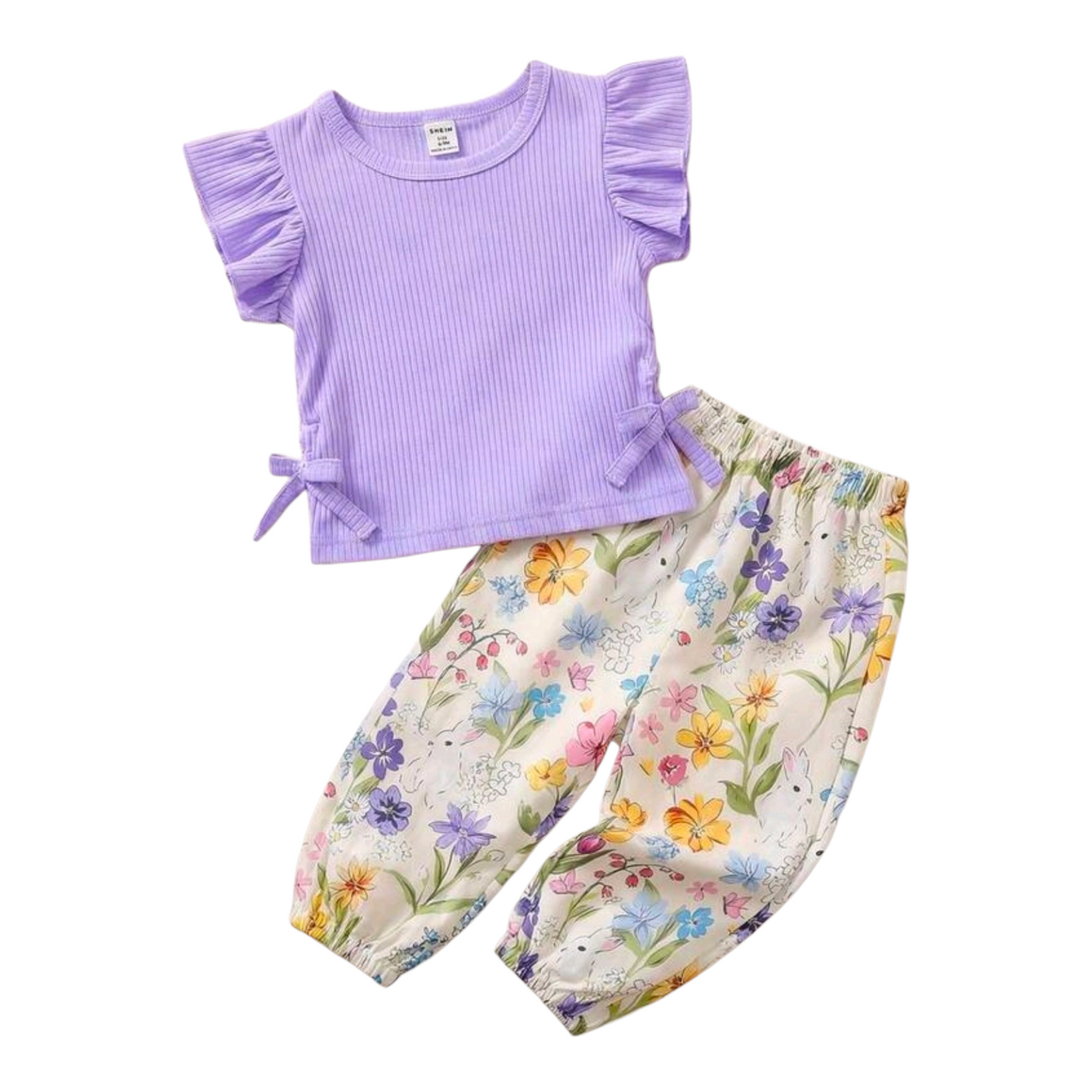 SHEIN Vintaside Kids 2pcs Baby Girls' Striped Round Neck Ruffle Sleeve T-Shirt & Floral Print Pants Set
