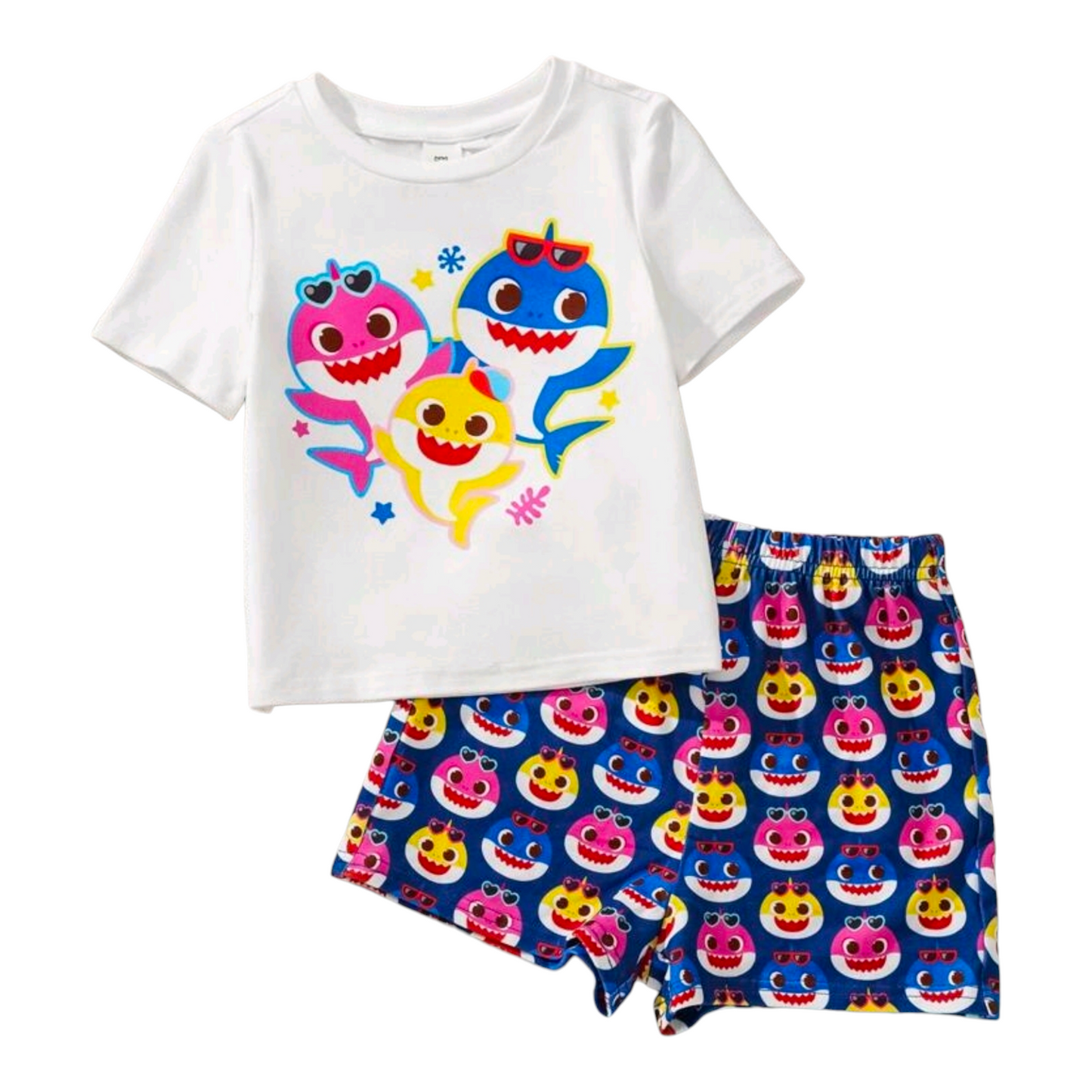BABY SHARK X SHEIN Baby Boy Summer Vacation Shark Print White Casual Matching Short Sleeve T-Shirt And Loose Shorts Set