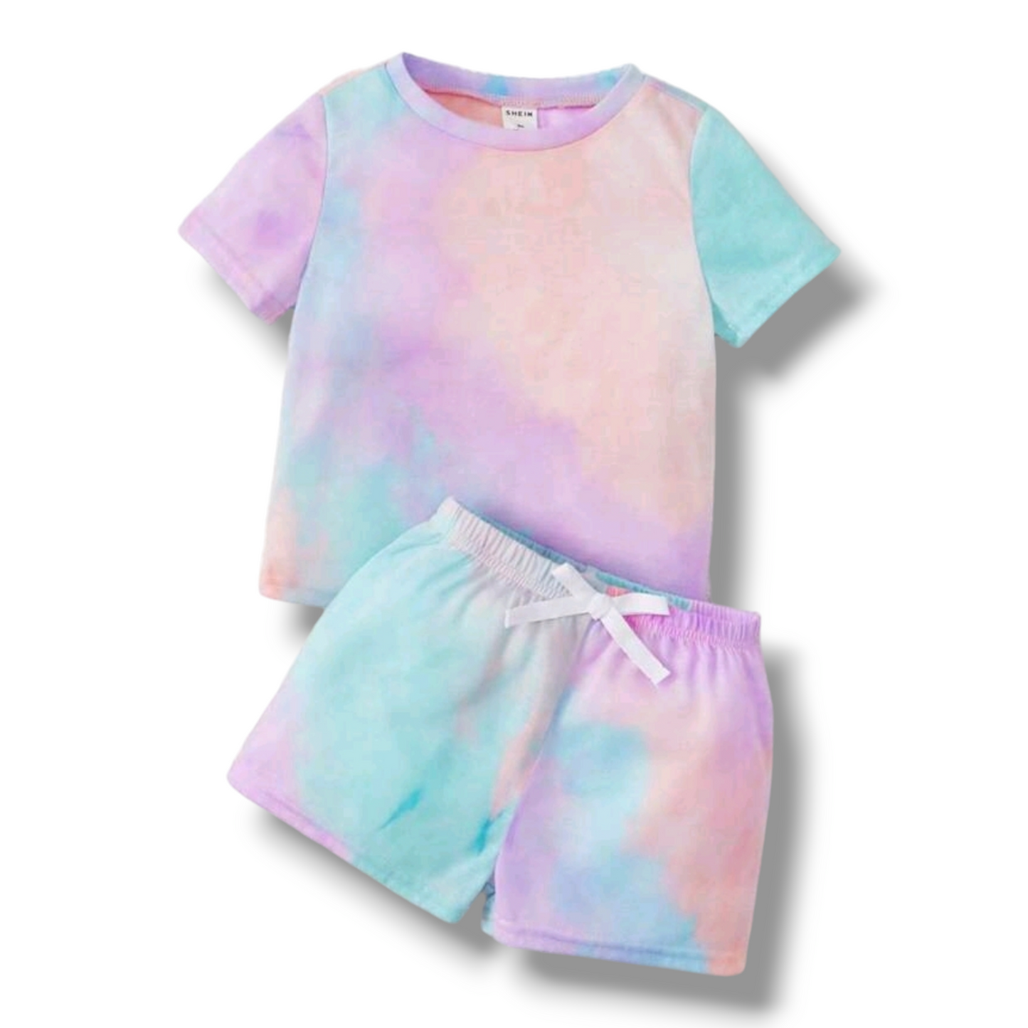 SHEIN Baby Girl 2pcs/Set Tie-Dye Round Neck Short-Sleeved T-Shirt Elastic Waist Butterfly-Knotted Shorts Casual Summer Outfit -(size 18-24M)