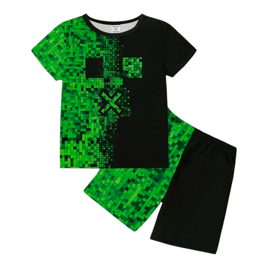 Spring And Summer Baby Boys' Casual Fashion Creative Personalized Refreshing Simple Geometric Plaid Patchwork Graphic Print Comfortable Basic Short T-Shirt And Shorts Set, Cozy Summer Outfit