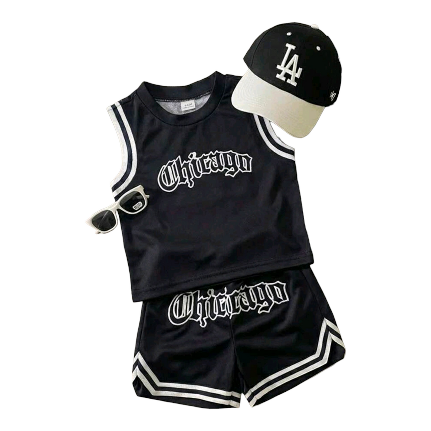 SHEIN GraphicGems 2pcs Infant Toddler Baby Boy Spring/Summer Streetwear Sports Style Black Mesh Fabric English Number & Letter Print Round Neck Sleeveless Top Paired With Elastic Waist Shorts