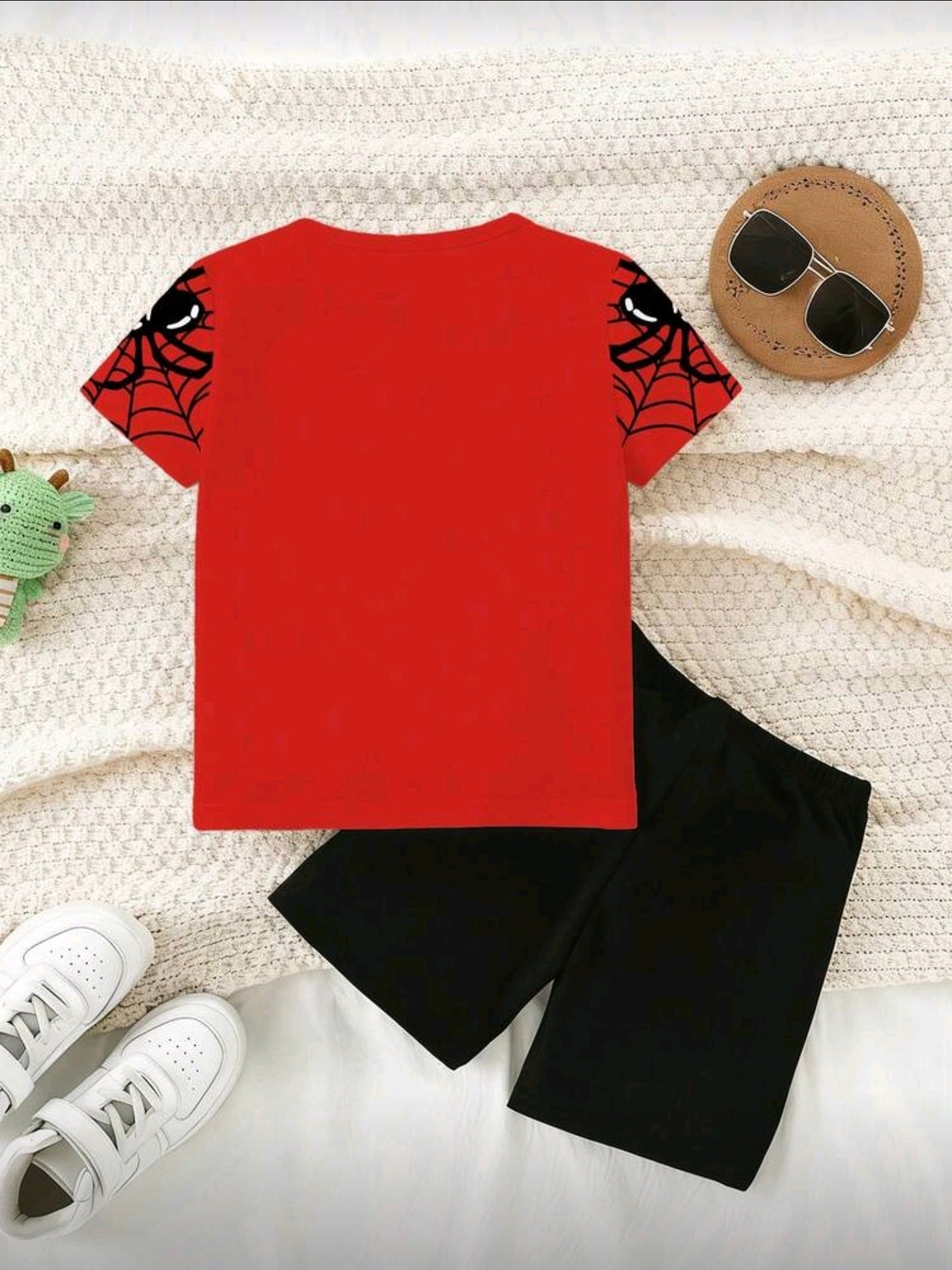 1 Set Baby Boys' Casual Fashionable Creative Personalized Refreshing Minimalist Heart & Spider Web Print Short Sleeve T-Shirt And Shorts Set