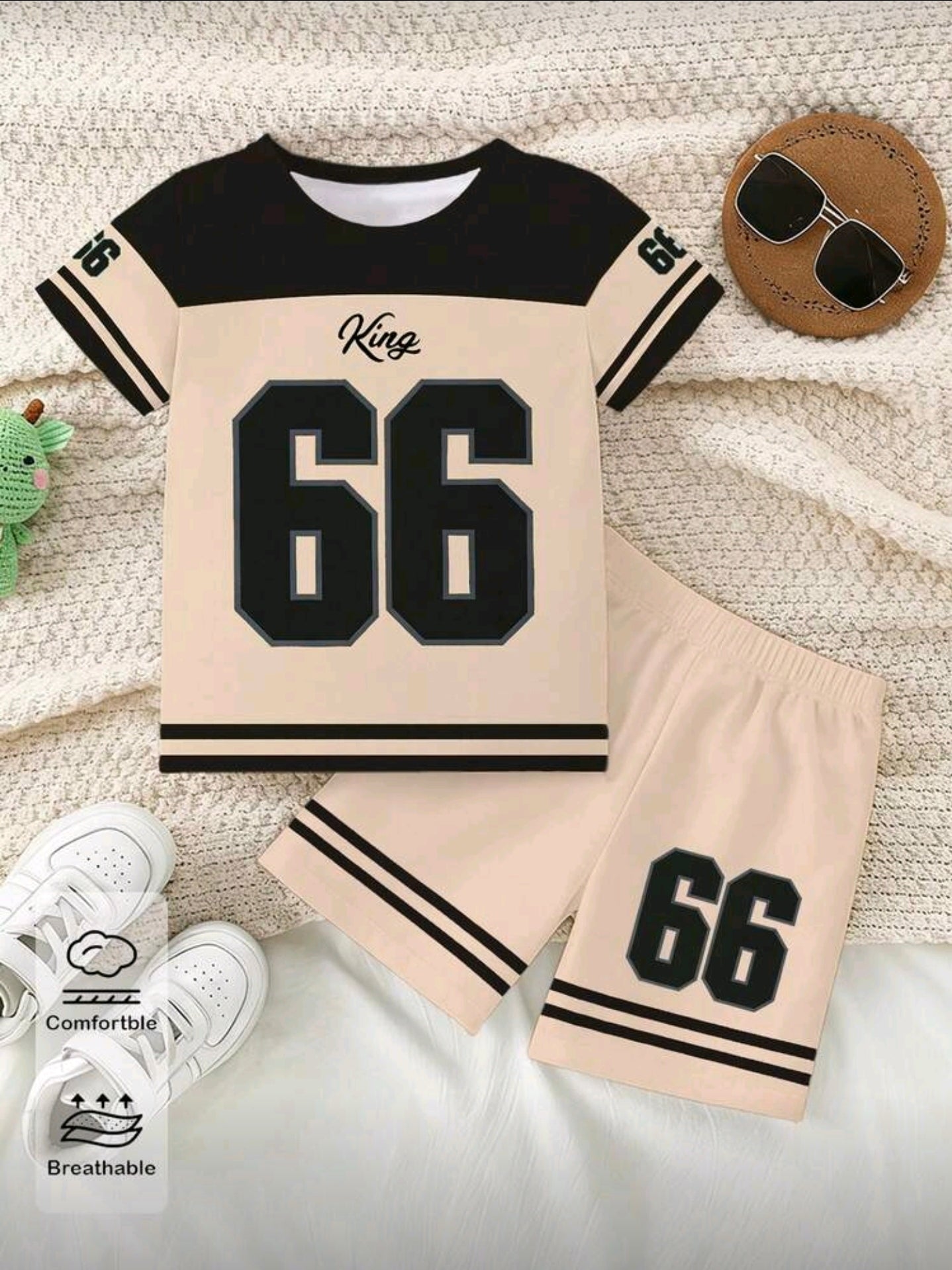 2pcs/Set Toddler Boys' Casual Numeric 66, Striped, Letter Graphic Print Short Sleeve T-Shirt And Shorts Set
