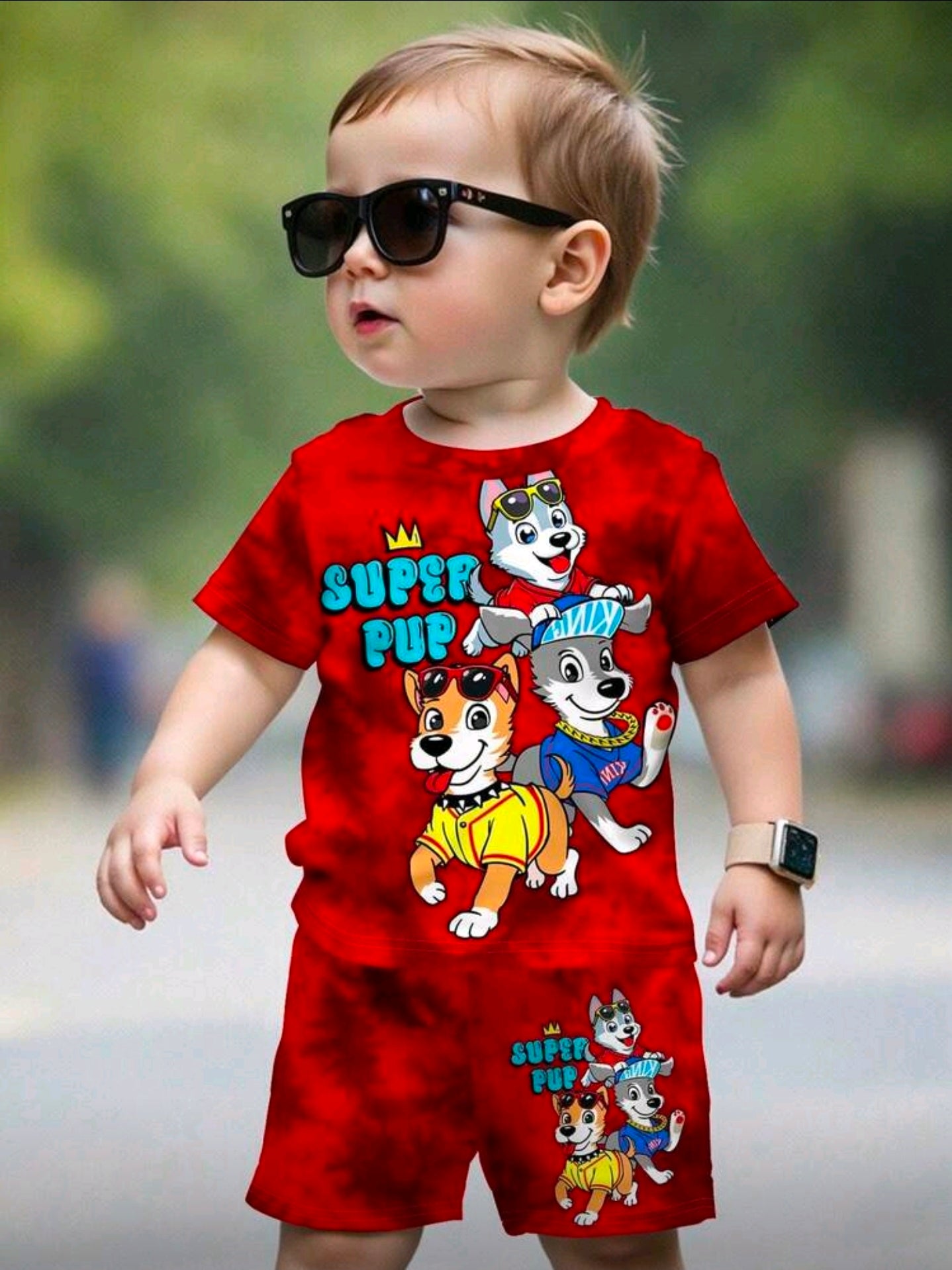 SHEIN 2pcs/Set Baby Boy Casual Cartoon Pattern Round Neck Short Sleeve T-Shirt And Shorts, Suitable For Summer