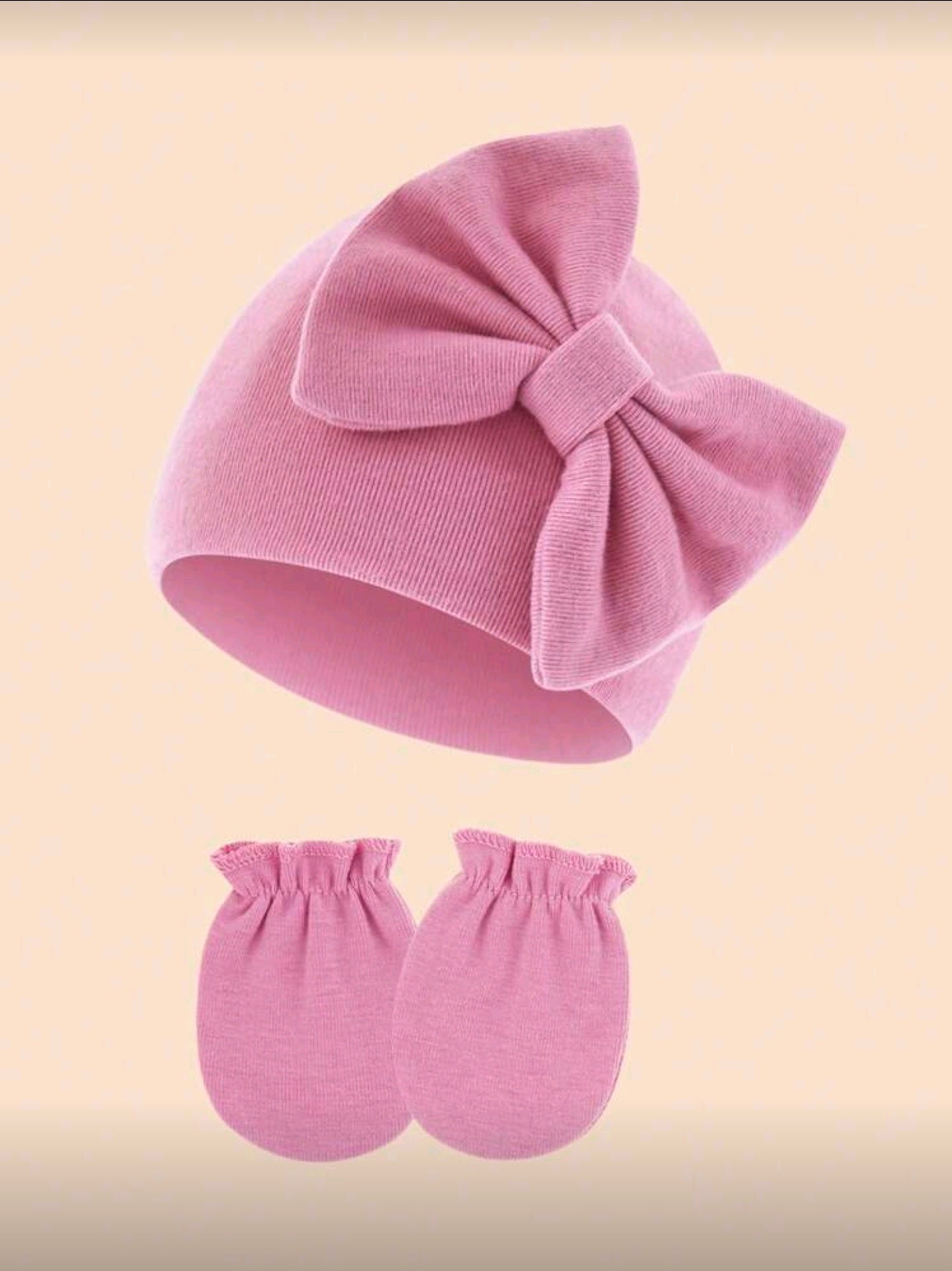 3Pcs/Set Newborn Baby Butterfly Decor Hat And Scratch Mittens, White + Pink + Deep Pink