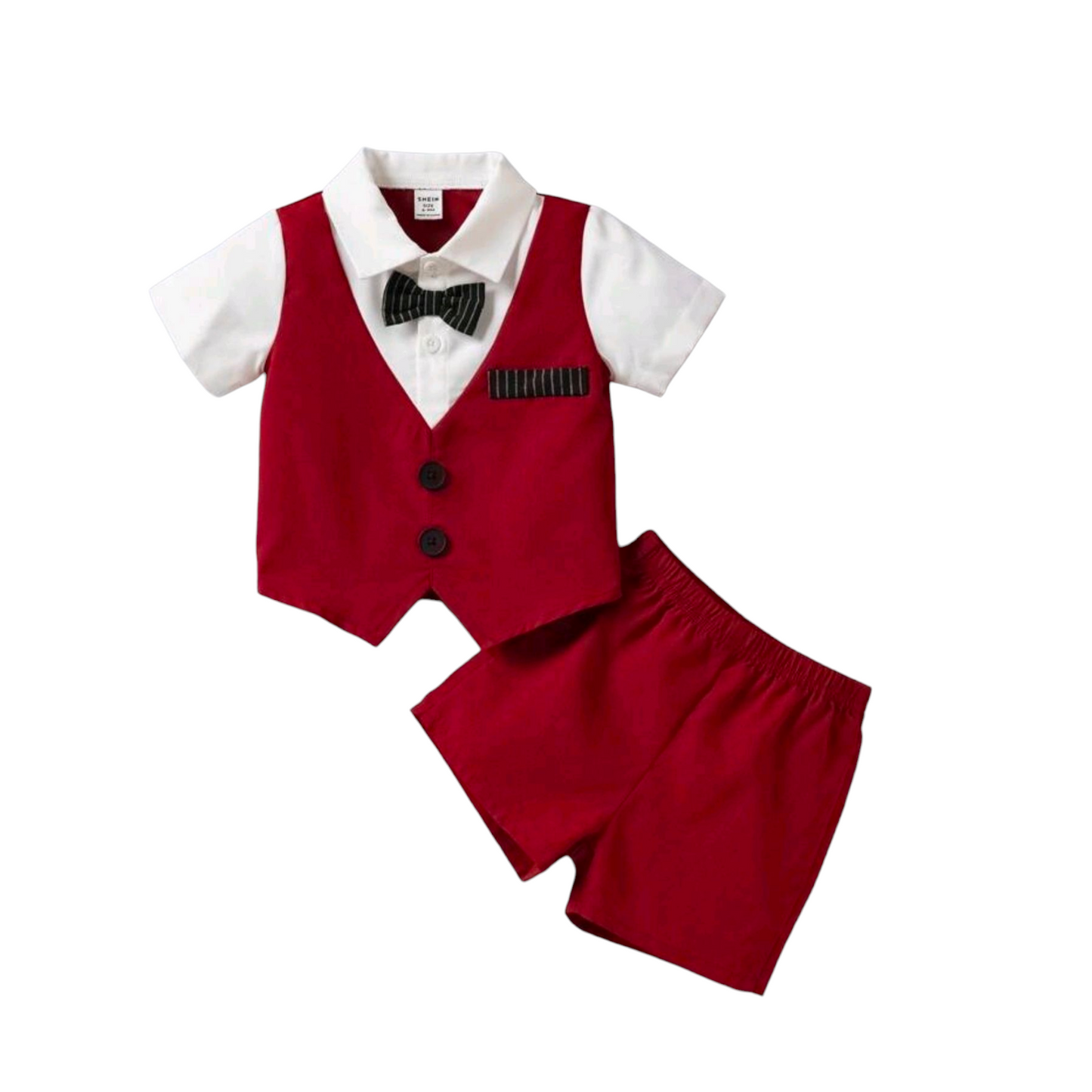 SHEIN Baby Boy Contrast Collar Bow Front 2 In 1 Shirt & Shorts