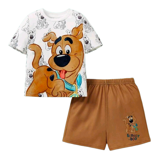 SCOOBY-DOO X SHEIN Baby Boy Cartoon Dog Print White Casual Cute Short Sleeve T-Shirt And Khaki Loose Shorts Comfortable 2 Pieces Set