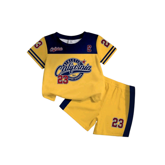 SHEIN Playful Pals 1 Set Baby Boys Casual Fashion Collegiate Sports Style Number 23 & California Letter Print Contrast Stripe Round Neck Short Sleeve T-Shirt And Shorts Set