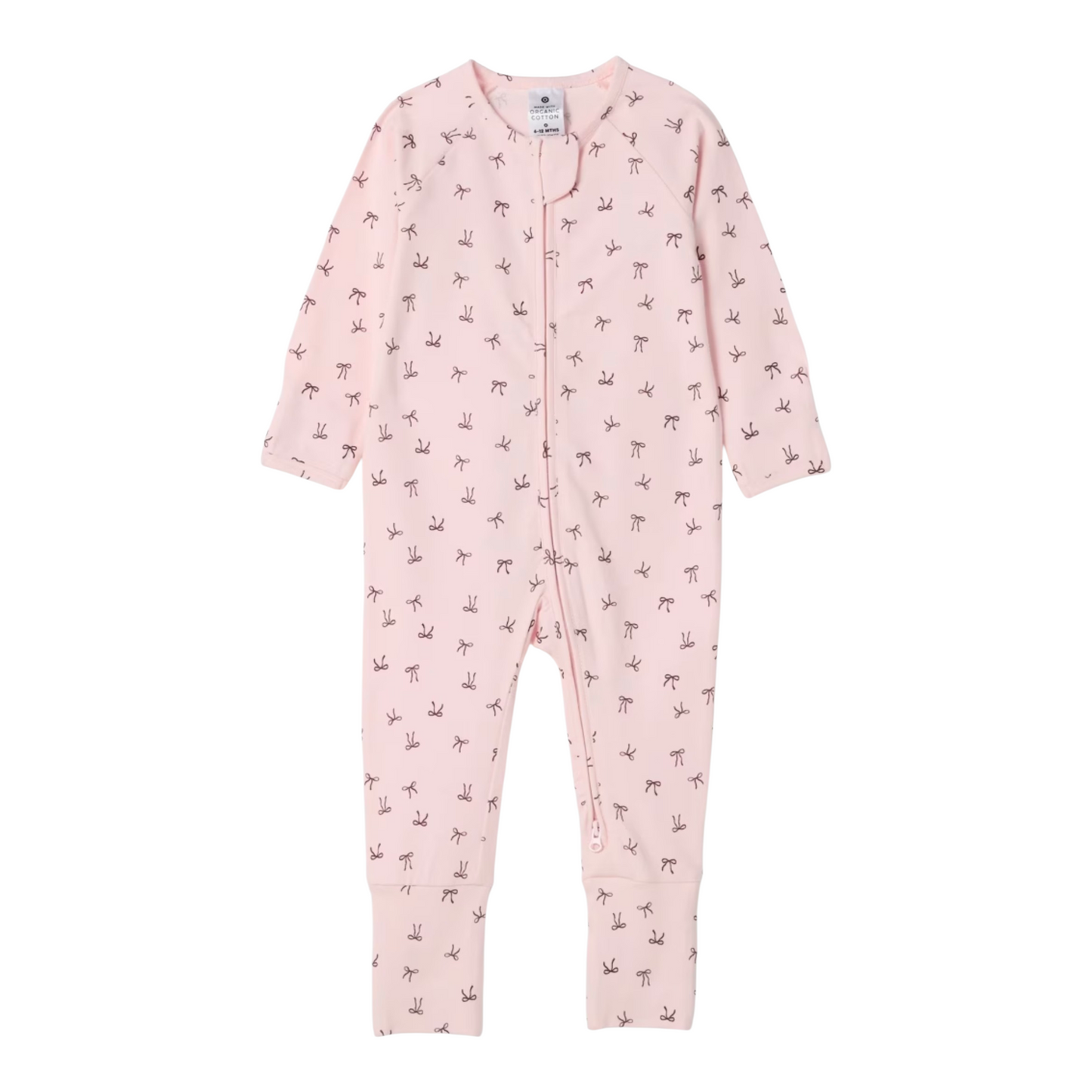 Baby Organic Cotton Zip Front Footless Coverall - Bows Pink