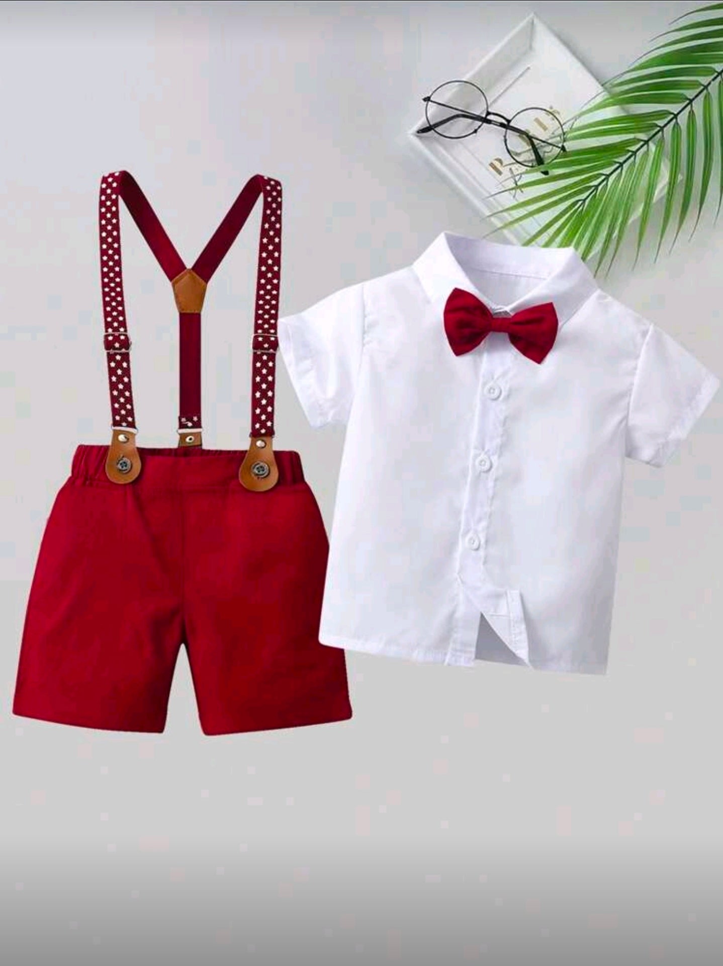 2pcs Baby Boys Gentleman Outfit - Red Suspender Pants And White Shirt With Bow Tie, Suitable For Holidays, Weddings, Parties, New Year Celebrations, And Everyday Wear