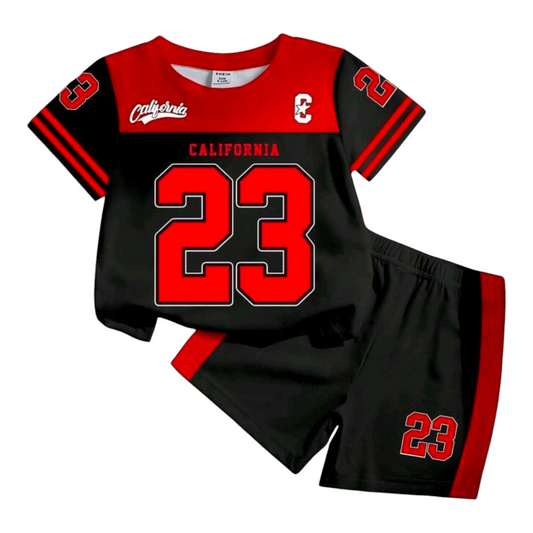 SHEIN Playful Pals 1 Set Baby Boys' Casual Fashion Sports Style Numeric 23 & California Letter Print Contrast Stripe Round Neck Short Sleeve T-Shirt And Shorts Set, Suitable For Outings And Sports