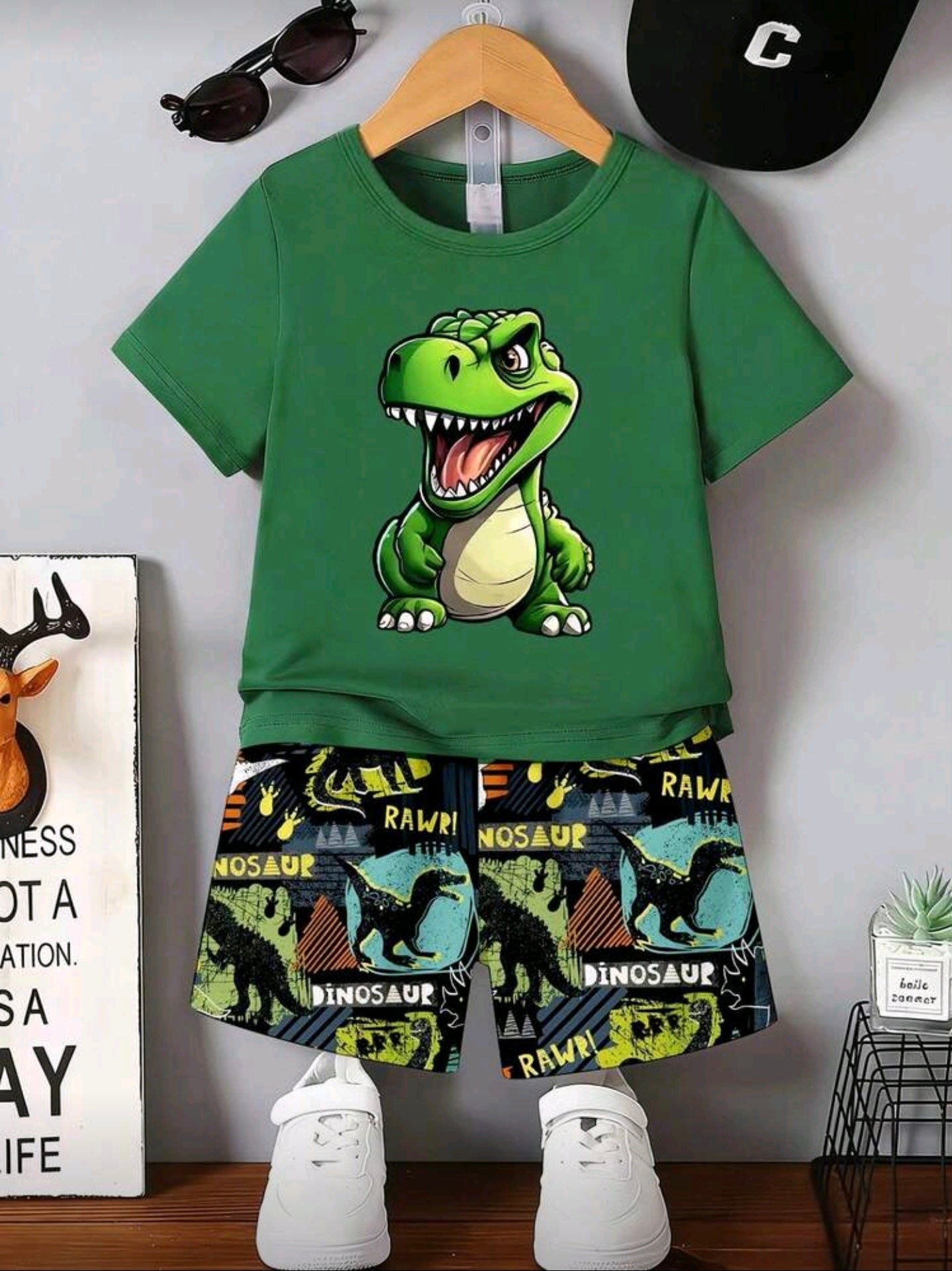 2pcs/Set Toddler Boys' Casual Dinosaur Silhouette, Footprint, Line Design, Letter Graphic Print Short Sleeve T-Shirt And Shorts Set