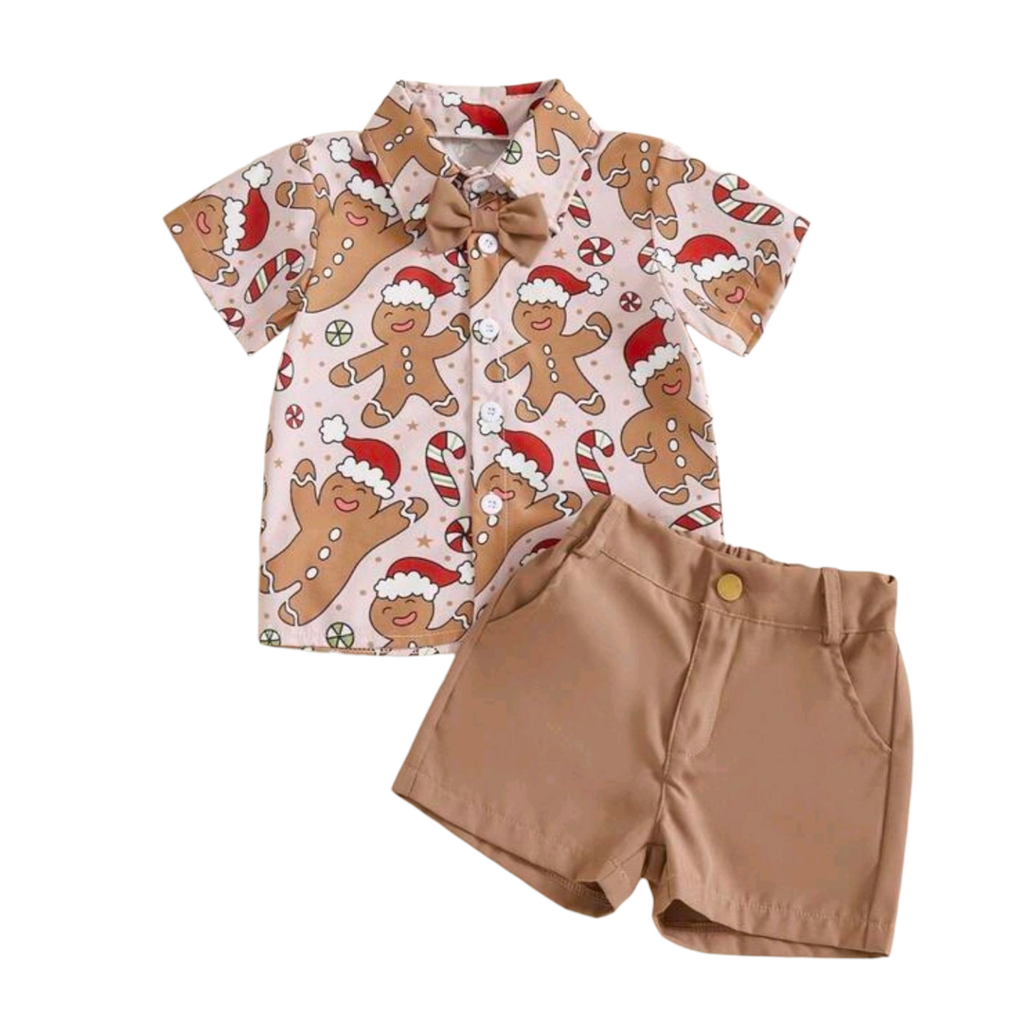Toddler Baby Boy Christmas Outfit Gingerbread Man Short Sleeve Bowtie Shirts And Shorts 2 Piece Set