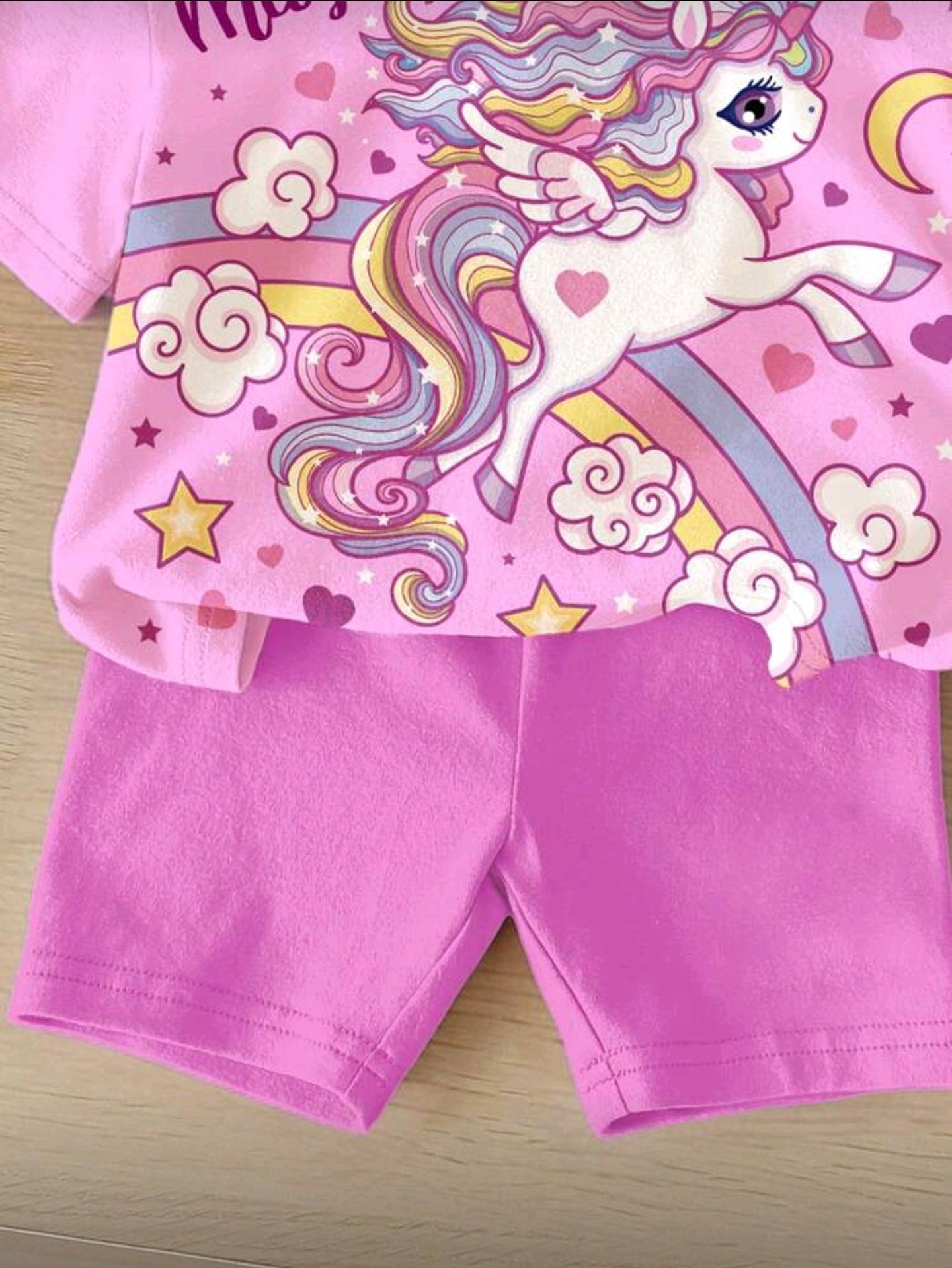 SHEIN Bright Pink, Cute & Sweet Cartoon Rainbow, Heart, Unicorn Print, Baby Girls Casual Loose Round Neck Short Sleeve T-Shirt And Skinny Shorts Set.