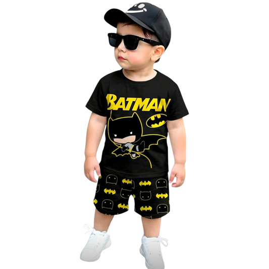 BATMAN X SHEIN Baby Boy Casual Cute Cartoon Pattern Round Neck Short Sleeve T-Shirt And Shorts Set