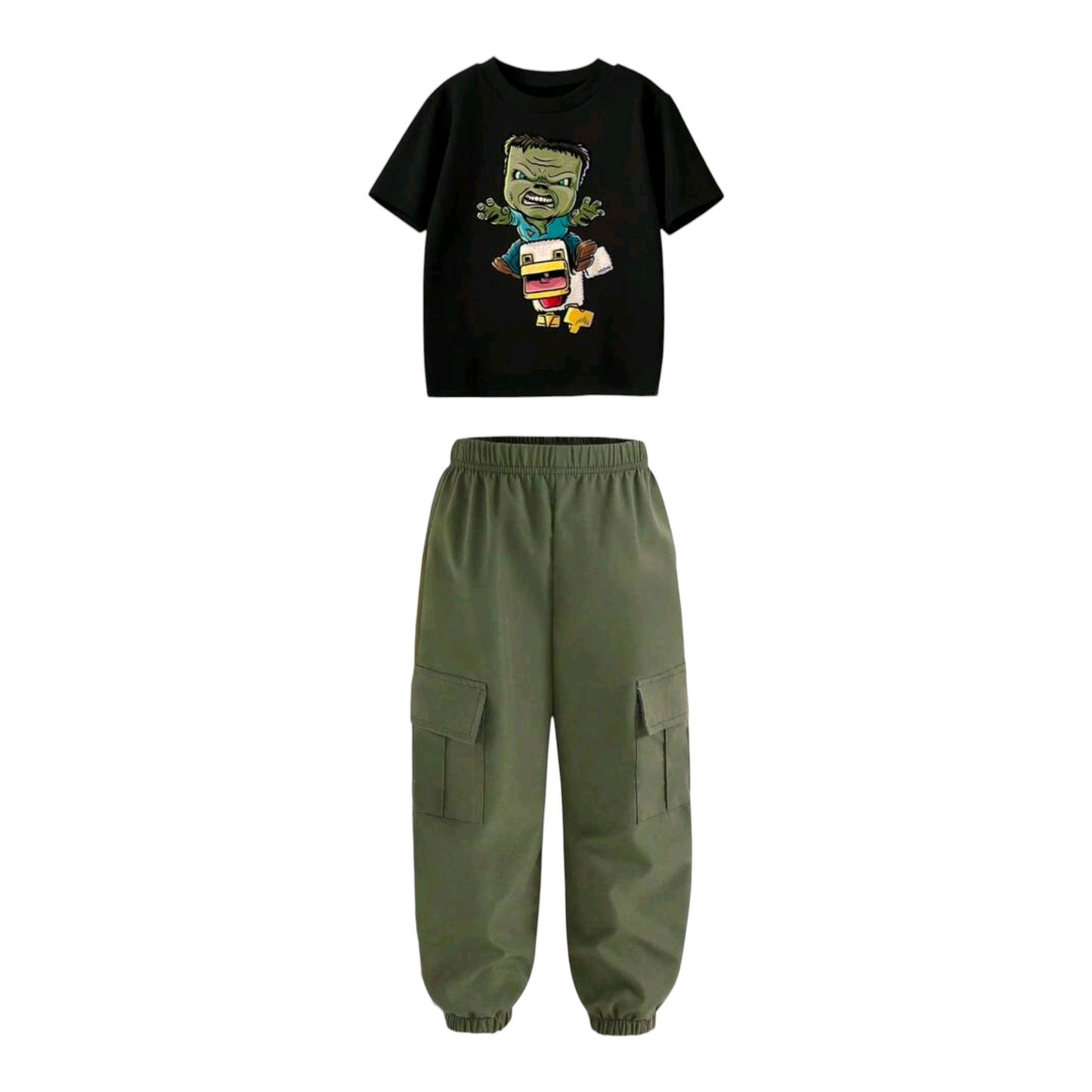Young Boy Cartoon Print Round Neck Short Sleeve Top And Cargo Pants Set