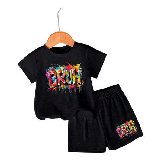 GraphicGems 2pcs Toddler Boys' Casual Creative Colorful Splash Ink Letter Graphic Print Short Sleeve T-Shirt And Shorts Set