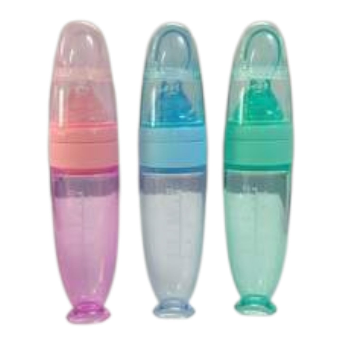New 90ml/3OZ Colorful Silicone Baby Bottle, Porridge Bottle With Soft Silicone Feeding Spoon, Suction Cup And Dust Cover, Soft Squeeze Feeding Bottle