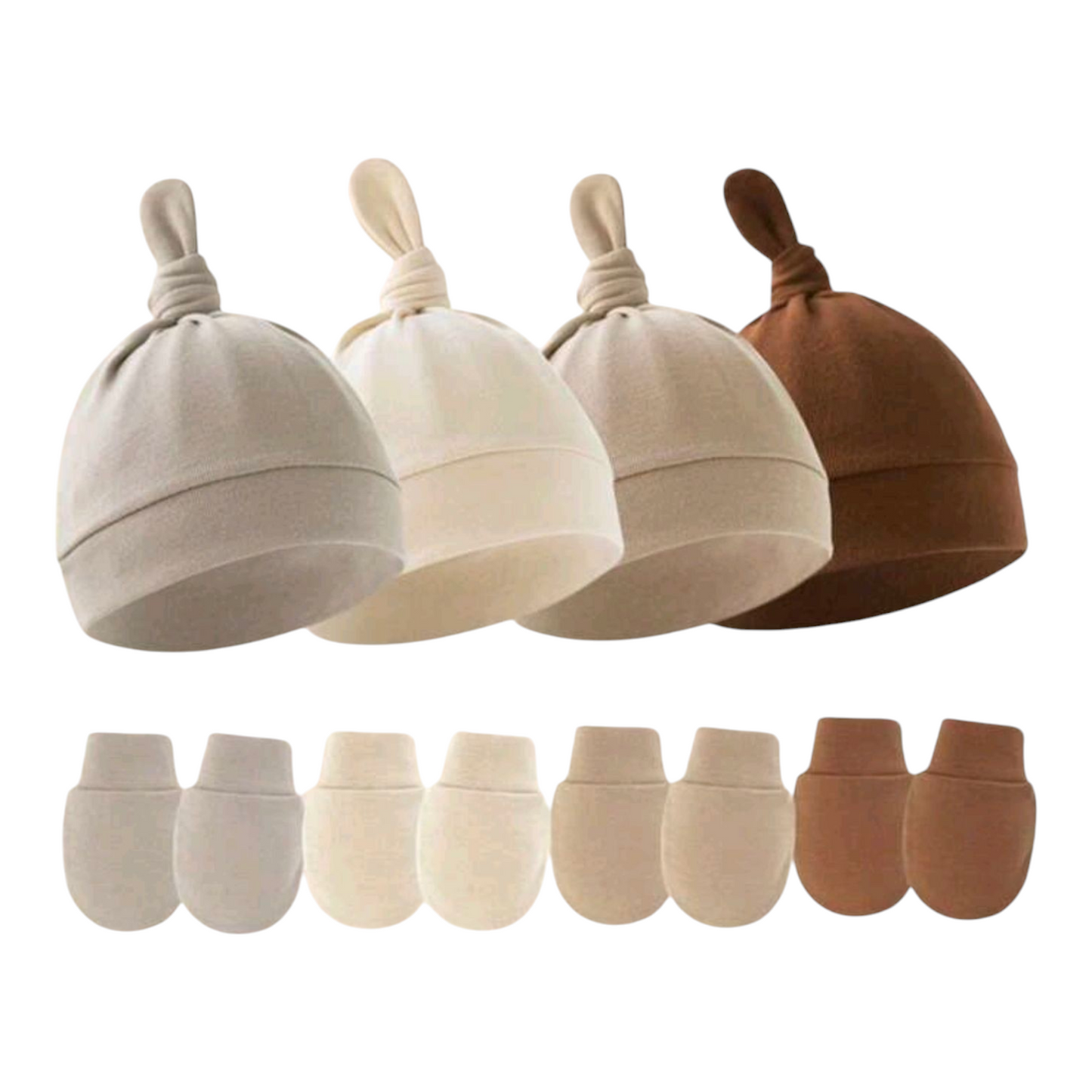 4sets Newborn Brown Series Pacifier Hat + Anti-Scratch Mittens Set, Suitable For Baby Daily Use