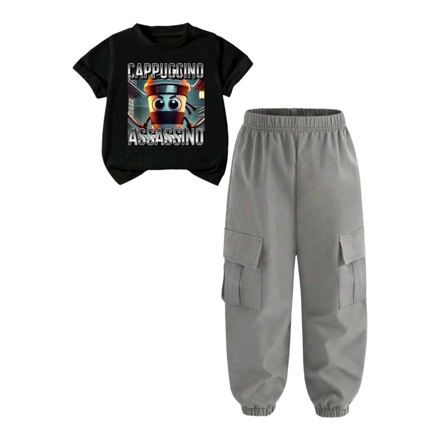 2pcs/Set Young Boy Cartoon Print Short Sleeve T-Shirt And Cargo Pants Casual Outfit