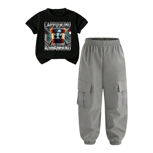 2pcs/Set Young Boy Cartoon Print Short Sleeve T-Shirt And Cargo Pants Casual Outfit