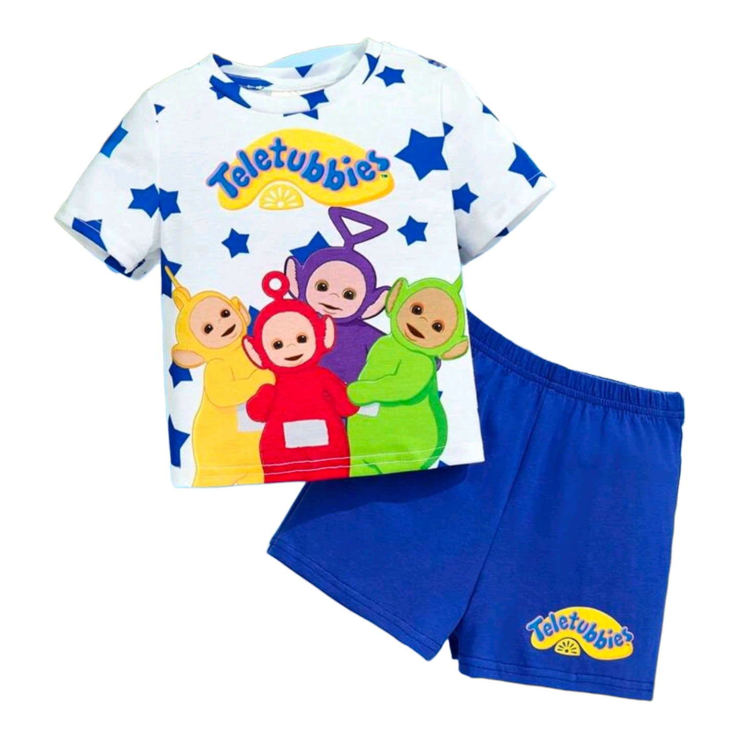 Teletubbies X SHEIN 2pcs Baby Boy Cartoon & Star Print Contrast Color Short Sleeve T-Shirt & Shorts Summer Outfits
