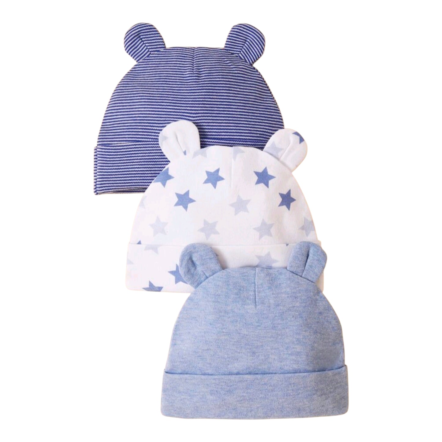 momscare 3pcs Blue Star Pattern Hats, Soft & Comfortable Bear Ear Caps, Suitable For Newborns And Infants - Adorable Baby Hats, Also Make Great Gifts For Baby Boys