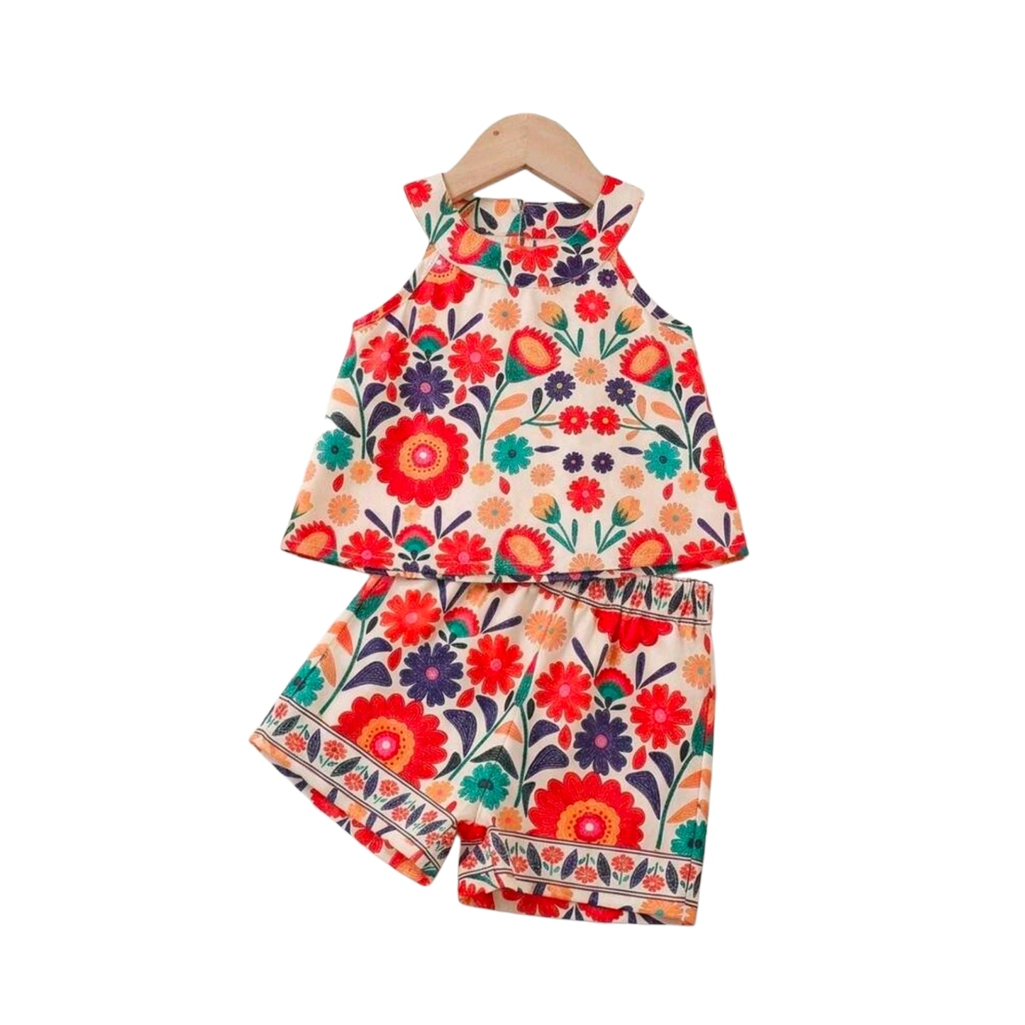 SHEIN 2pcs/Set Toddler Girls' Bohemian Floral Print Halter Sleeveless Top & Shorts Set