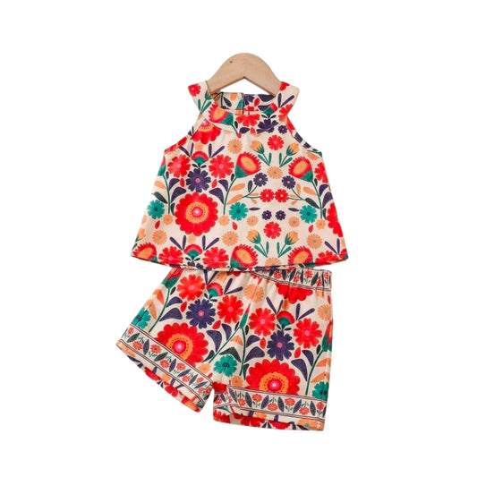 SHEIN 2pcs/Set Toddler Girls' Bohemian Floral Print Halter Sleeveless Top & Shorts Set
