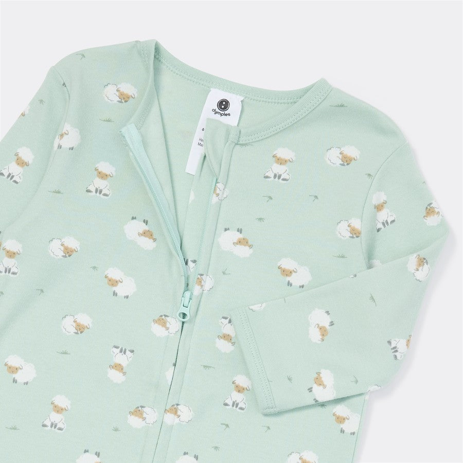 Dymples Baby Organic Cotton Sheep Print Zip Coverall - Light Green -(size 3-6M)
