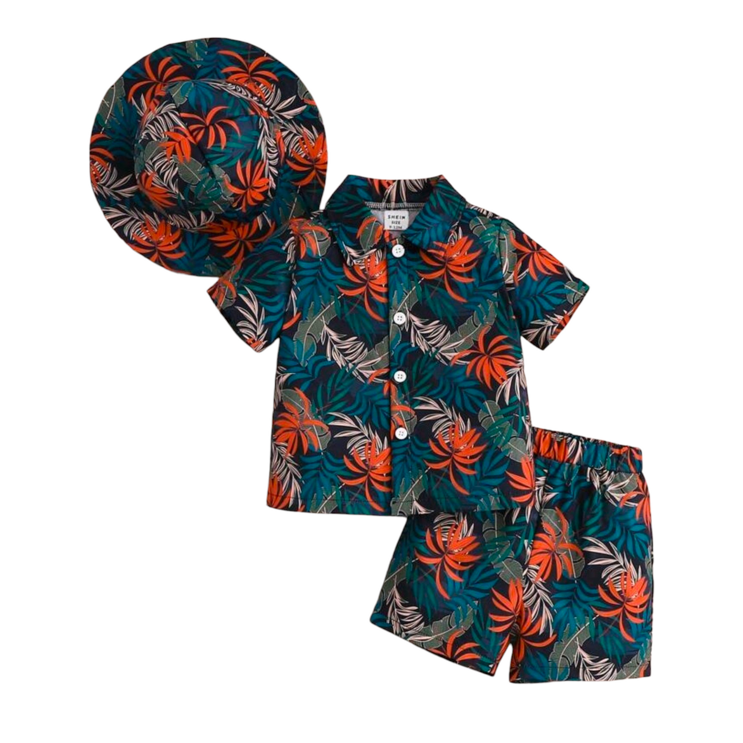 3pcs/Set Baby Boys' Fashionable Tropical Plant/Flower Pattern Printed Shirt Collared Top And Shorts With Hat, Perfect For Spring/Summer Holiday Style