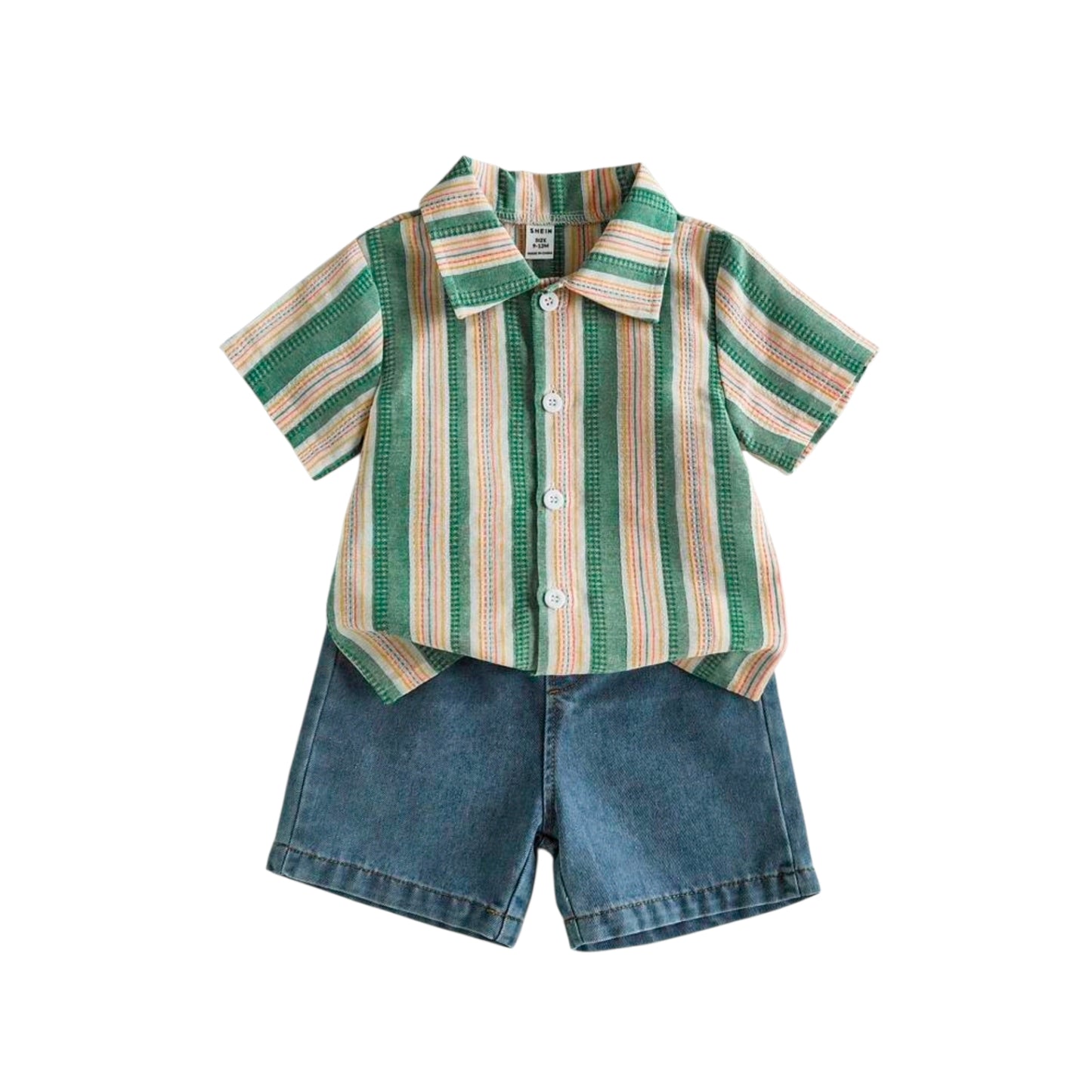 SHEIN Vintaside Kids Baby Boy Green Summer Casual Vacation Holiday Outfit,Striped Short Sleeve Polo Shirt And Fashion Washed Denim Shorts Set,Resort Gathering Outfit