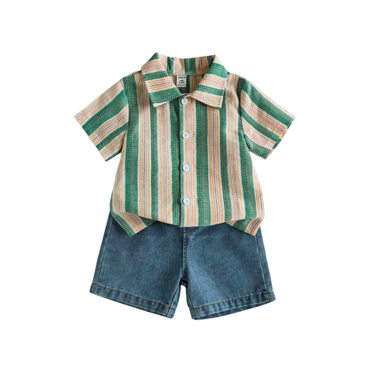 SHEIN Vintaside Kids Baby Boy Green Summer Casual Vacation Holiday Outfit,Striped Short Sleeve Polo Shirt And Fashion Washed Denim Shorts Set,Resort Gathering Outfit