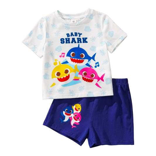BABY SHARK X SHEIN Baby Boy Summer Cute Cartoon Shark Family Printed Short Sleeve T-Shirt & Shorts 2 Pieces Set