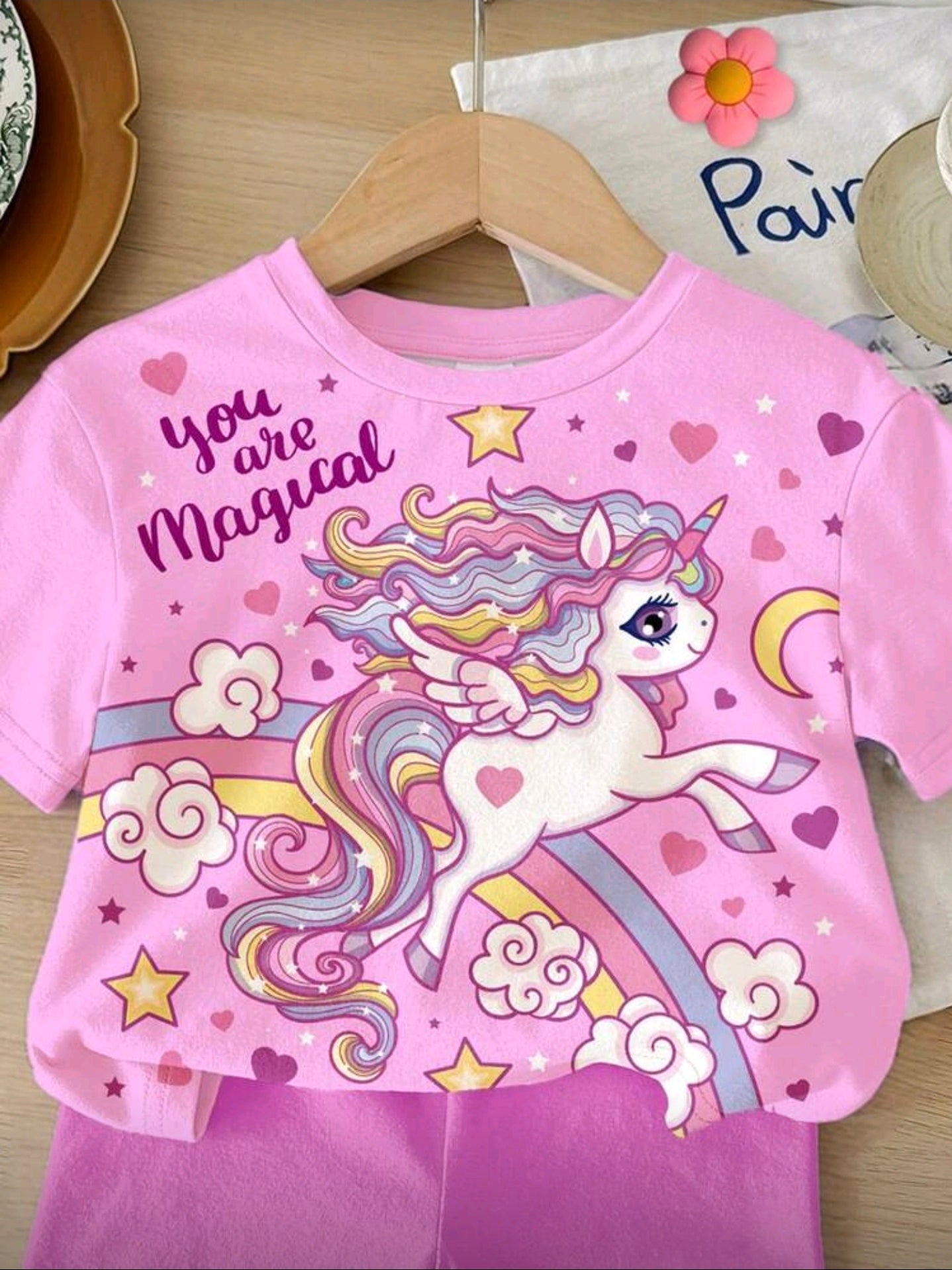 SHEIN Bright Pink, Cute & Sweet Cartoon Rainbow, Heart, Unicorn Print, Baby Girls Casual Loose Round Neck Short Sleeve T-Shirt And Skinny Shorts Set.