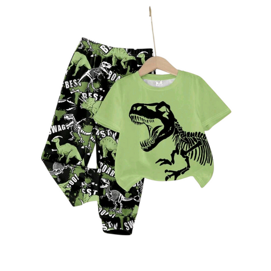 TaviRue Baby Boys Casual Style Cute Dinosaur Cartoon Animal Street Graffiti Y2K Sporty Outfit Set, Short Sleeve T-Shirt And Pants